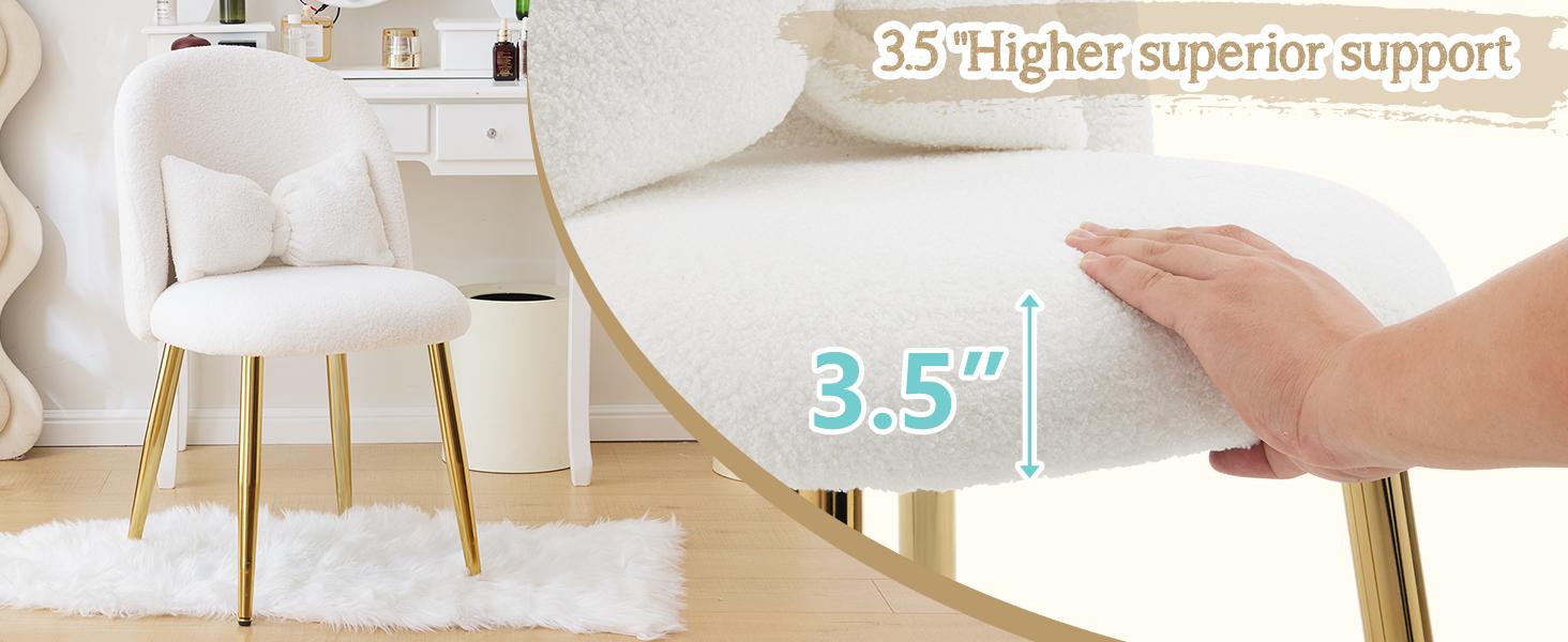 VINGLI Boucle Girls Vanity Chair with Back & Pillow,Cute Small Cozy Desk Chair No Wheels,Comfy Makeup Ch with Ajustable Gold Legs,for Bedroom,Living Room,Small Space