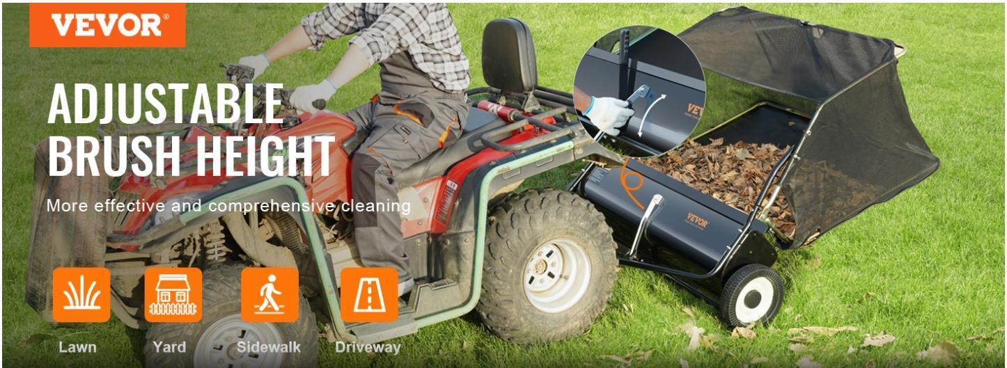 VEVOR Lawn Sweeper, 48.5"/26 cu. ft Large Capacity Tow Behind Yard Sweeper, Dumping Rope Design & Heavy Duty Leaf & Grass Collector with Adjustable Sweeping Height for Picking up Debris and Grass
