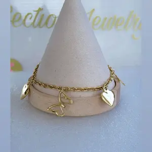 Heart butterfly charm anklet bracelet #0159- stainless steel