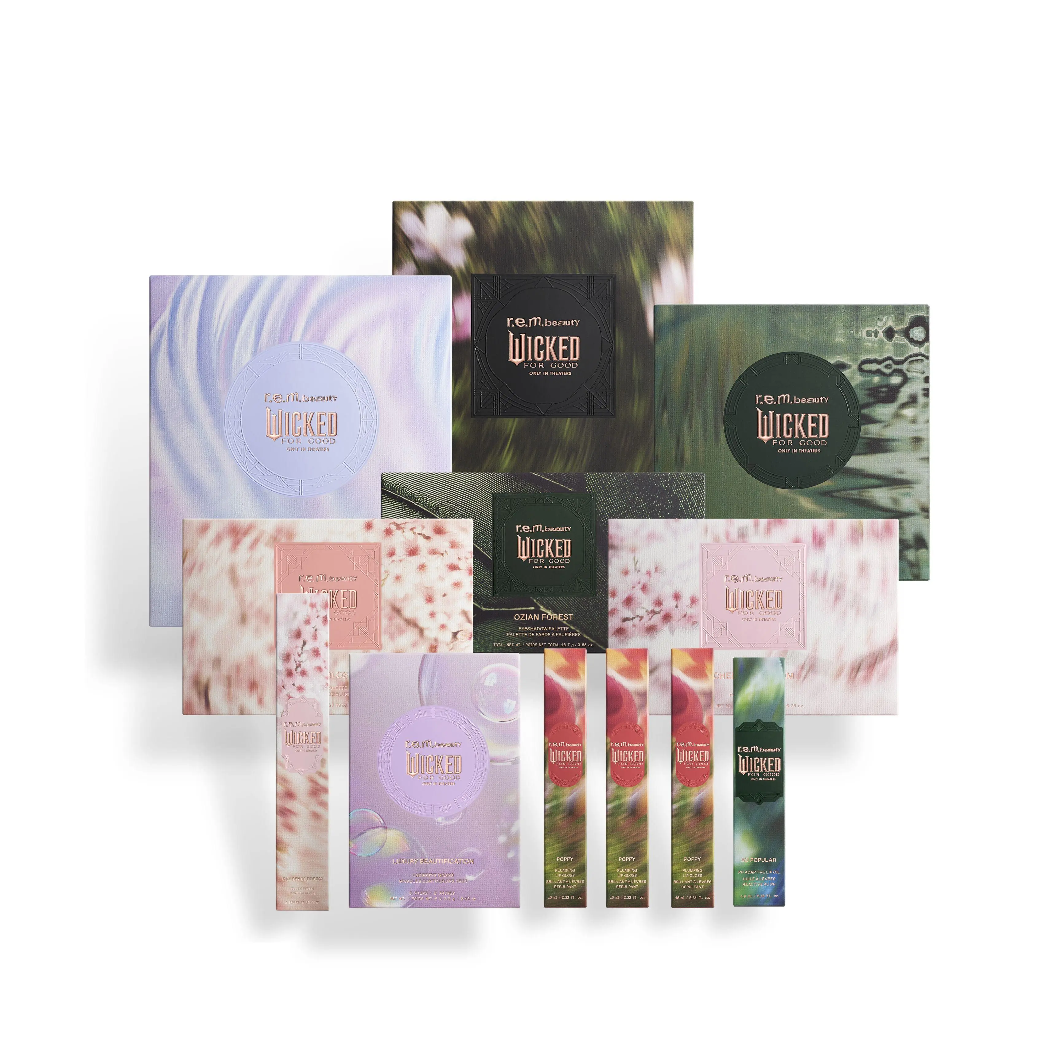 r.e.m. beauty x Wicked: For Good full makeup collection bundle - including eyeshadow, lip oil, blush palette, blush brush, eyeliner, lip gloss, undereye gel patches