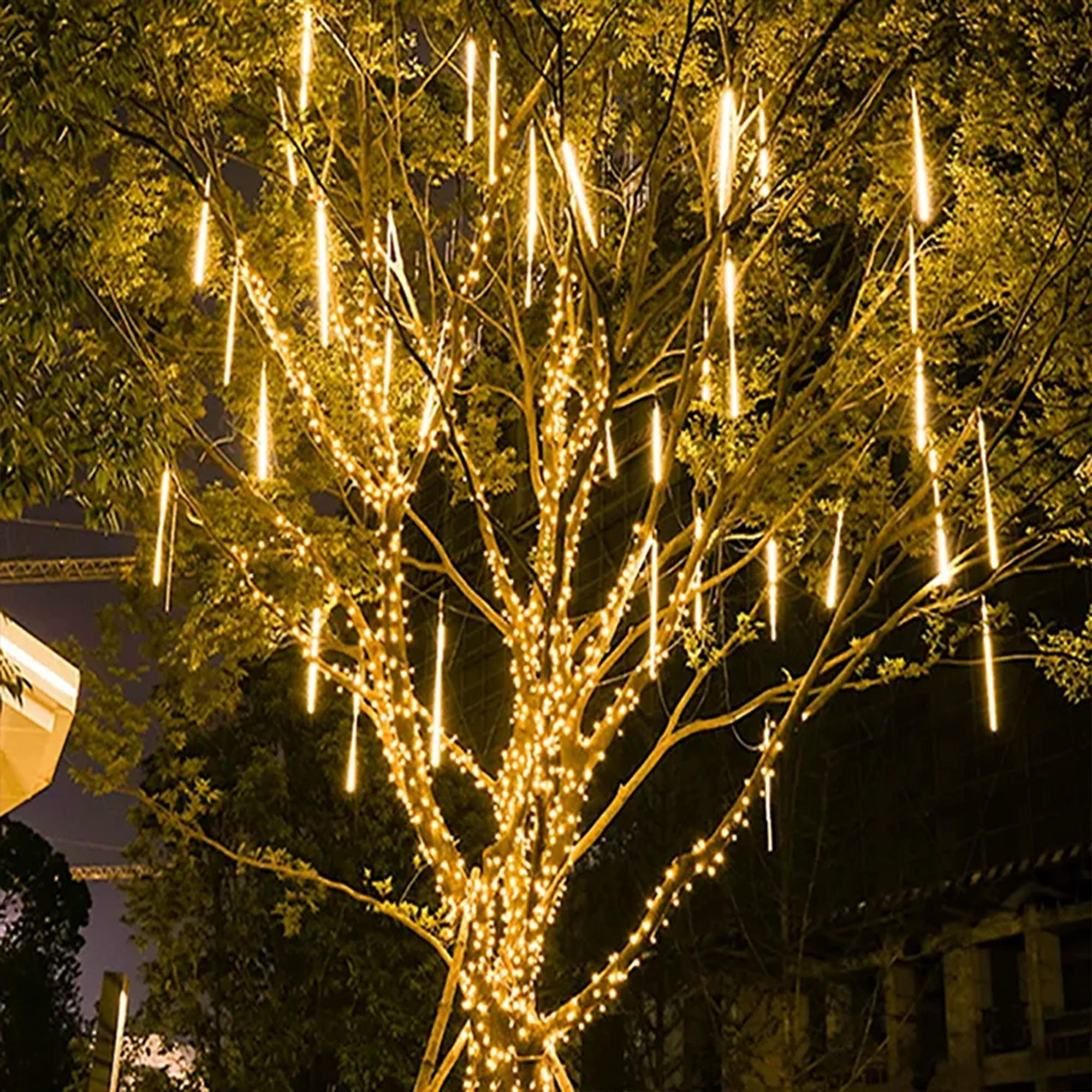 Meteor Shower Rain Lights, 288 LED Falling Rain Christmas Lights with 8 Tubes (11.8" Each), Waterfall Effect Plug-in Outdoor Decor for Xmas Tree, Yard, Roof, Party (Warm White/Blue/White)