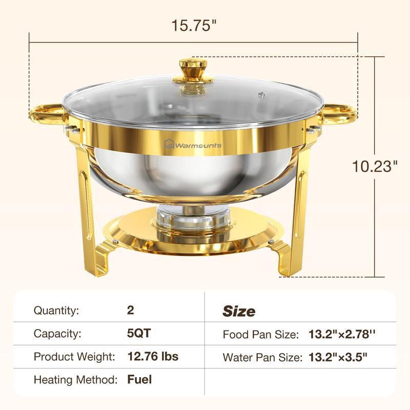 WARMOUNTS 5QT Gold Chafing Dishes for Buffet with Glass Lid, Round Stainless Steel Chafers and Buffet Warmers Sets with Lid Holder, Rolled Edge Design, for Catering Events, Parties, Weddings (2/4Pack)