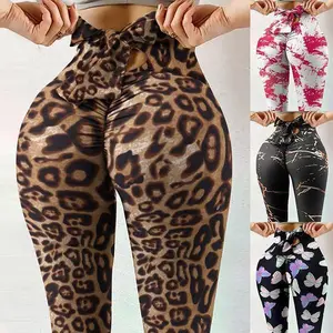 In Stock European and  Style  Women's  Print Yoga Butt-Lif Plus Size Nightclub Bowknot