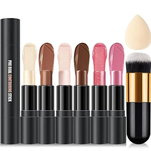 Women's 6-Piece Cream Contour Stick Makeup Kit - Contour, Highlighter, Blush & Bronzer Sticks for Cheeks, Waterproof, Long-Lasting, Matte & Dewy Finish, Blendable Cream Foundation Set