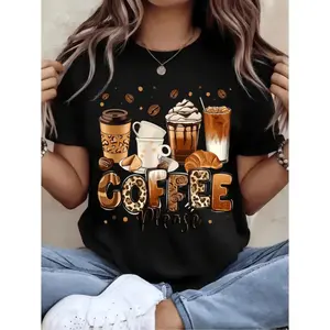 Coffee Lover Graphic T Shirt For Women Casual Short Sleeve Round Neck Top With Coffee Cup Beans And COFFEE Print Breathable Loose Fit For Spring Summer Fall