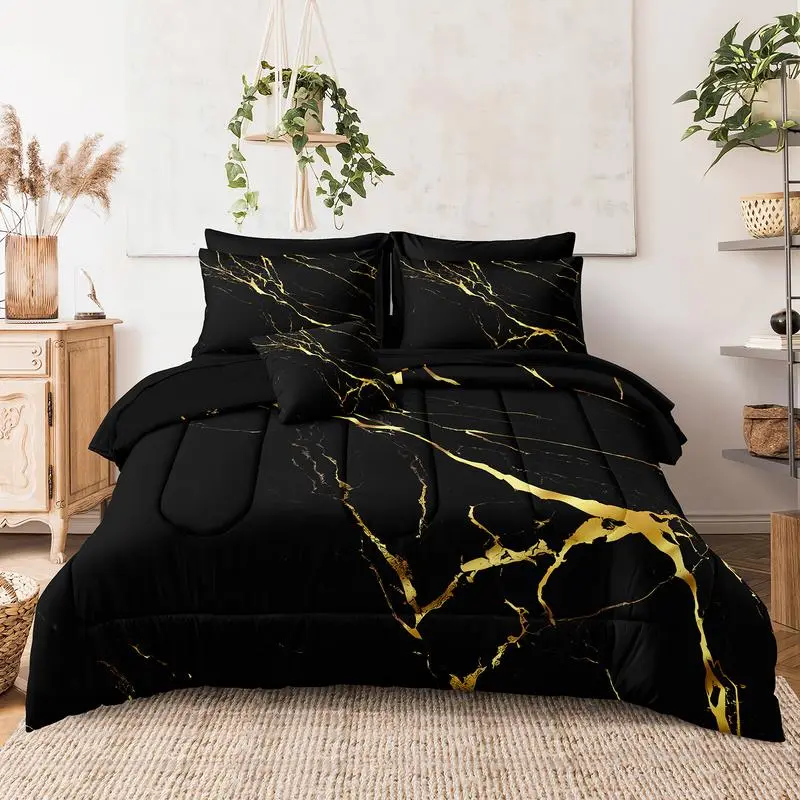 Black Marble Comforter Set Queen Size 8 Pieces Bed in a Bag Gold Metallic Marble Design Bedding with 1 Comforter, 4 Pillowcase, 1 Flat Sheet, 1 Fitted Sheet, 1 Cushion Cover