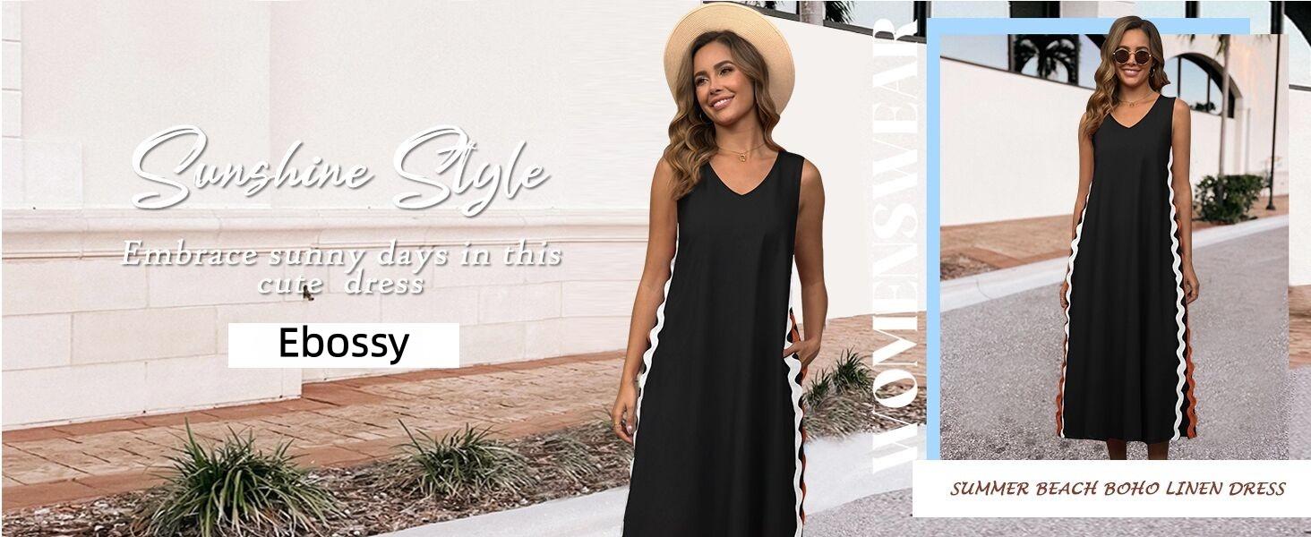 Ebossy Women's Summer Beach Boho Flowy Maxi Dress Casual Sleeveless V Neck Side Slit RIC Rac Tank Dress