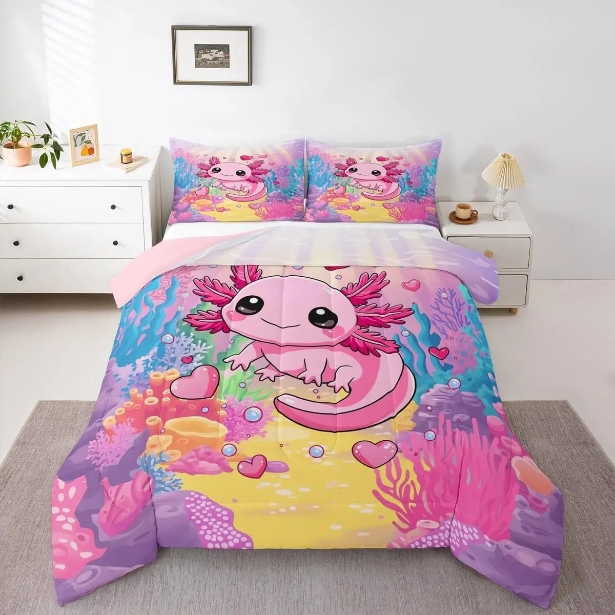 Pink Axolotl Bedding Set s Sea Life Ocean Comforter Set Colorful Kawaii Quilt Cartoon Animals Down Comforter