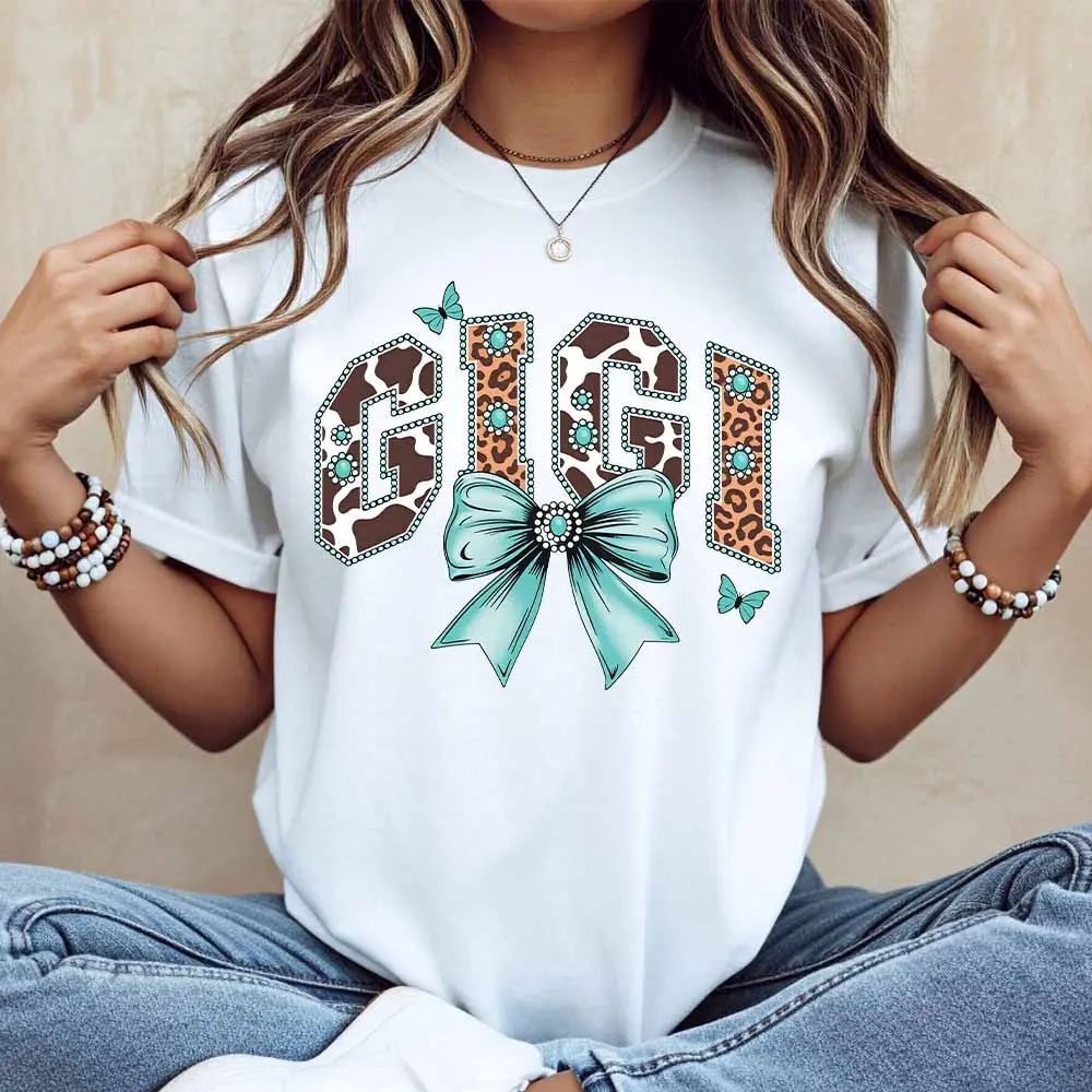 Women's Casual T-Shirt - Gigi Leopard Print, Turquoise Bow, Butterfly Design - Simple Straight Customized Outfits, Casual Wear for Leisure, Sports Activities, Shortsleeve