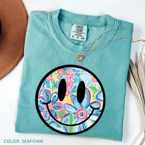 Comfort Colors Smiley Floral Summer Vibes T-Shirt, Trendy Watercolor Daisy Summer Tee, Graphic Cotton Tee, Women’s Short Sleeve Tee, Gift for Lover