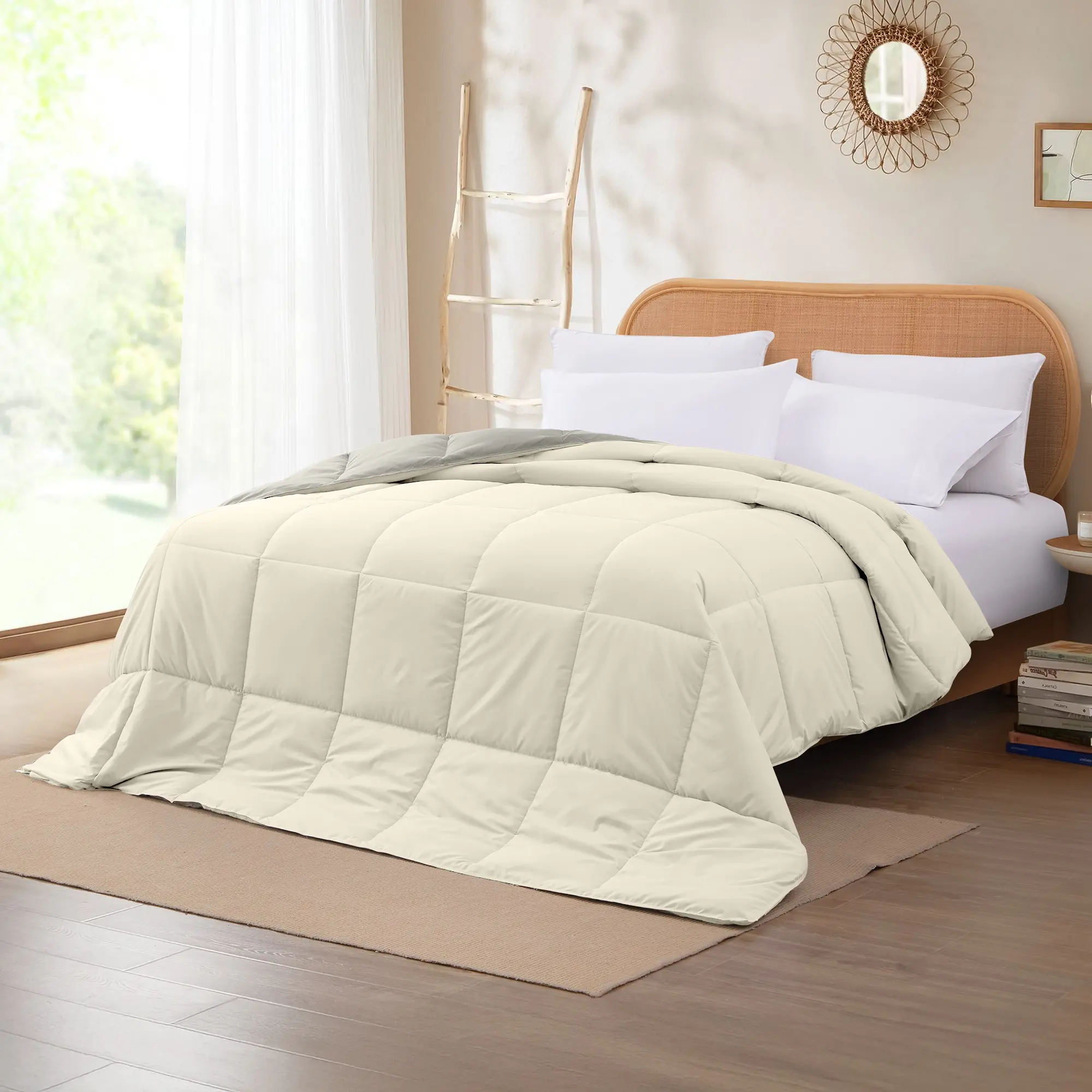 Modern Threads Soft Reversible Microfibre Down Alternative Comforter - Anti-Allergic, Breathable, All-Polyester Fill, Flat Weave, Machine Washable, Ivory & Atmosphere, California King, Queen, Twin Compatible