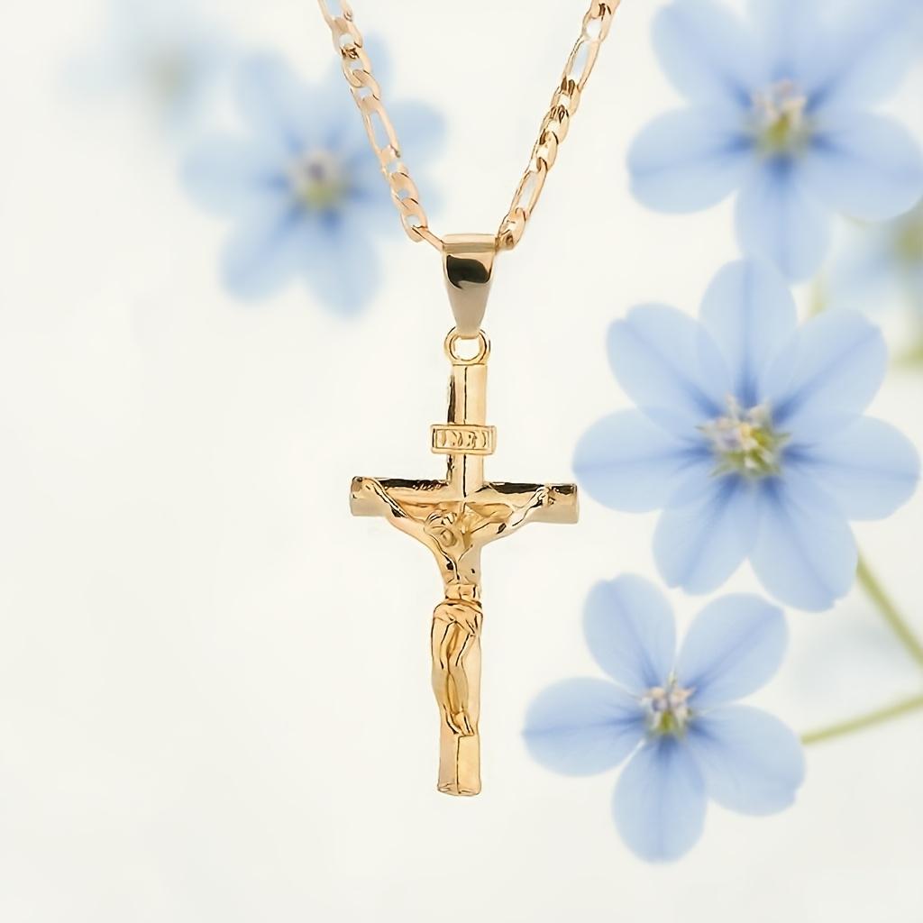 Men's Vintage 14K Gold-plated Jesus Cross Pendant Necklace With Smooth Chain Religious Jewelry For All Year Round Easter Graduation Gift detail 1