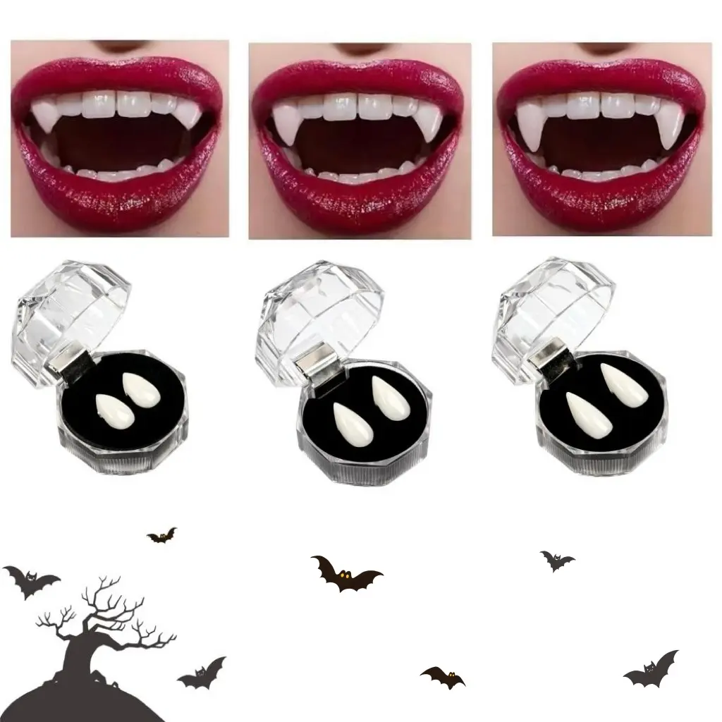 Vampire Fangs Teeth with Adhesive Kit Realistic Reusable Cosplay Fangs for Halloween Party Vampire Demon Werewolf Costume Accessories
