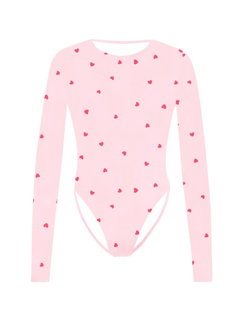 2026 Spring/Autumn New Women's Warm Bodycon Long Sleeve Top, Pink Heart Print Bodysuit with Round Neck, High Elasticity Slim-Fit Jumpsuit - Machine Washable, Suitable for Casual and Formal Occasions, Shaping Base Layer, Daily Wear Valentine's Day