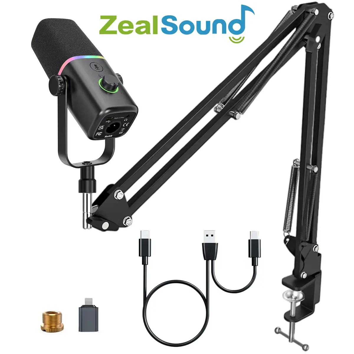 ZealSound XLR/USB Dynamic Microphone (Not for Xbox) with Boom arm stand for Gaming Podcasting, Mic for iPhone Phone PC Computer laptop mixer sound card, live Streaming Mic with RGB Light,Mute Button,Mic Gain,Headphones Jack, Singing YouTube  Recording