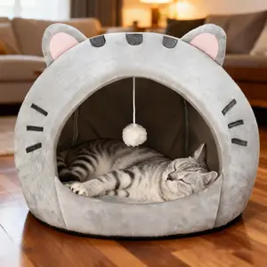 Cute Cat Cave Bed - Private Kitten House with Hanging Toy Ball & Removable Plush Cushion, Machine Washable Semi-Enclosed Indoor Cat Nest