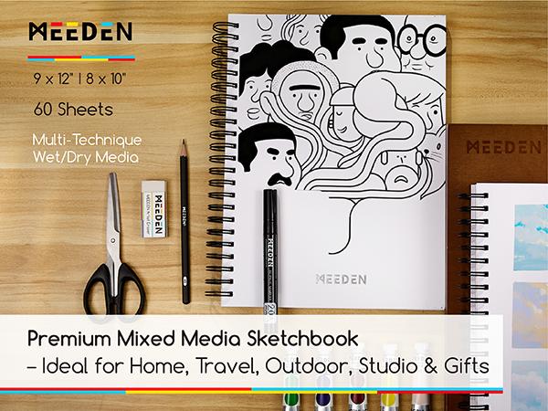 MEEDEN Mixed Media Paper Pad: 9" x 12" 112lb/165gsm Spiral Bound Mixed Media Sketchbook with DIY Cover - 60 Sheets Art Drawing Pad for Wet & Dry Media Watercolor, Acrylic, Markers, Pastels, Pencils