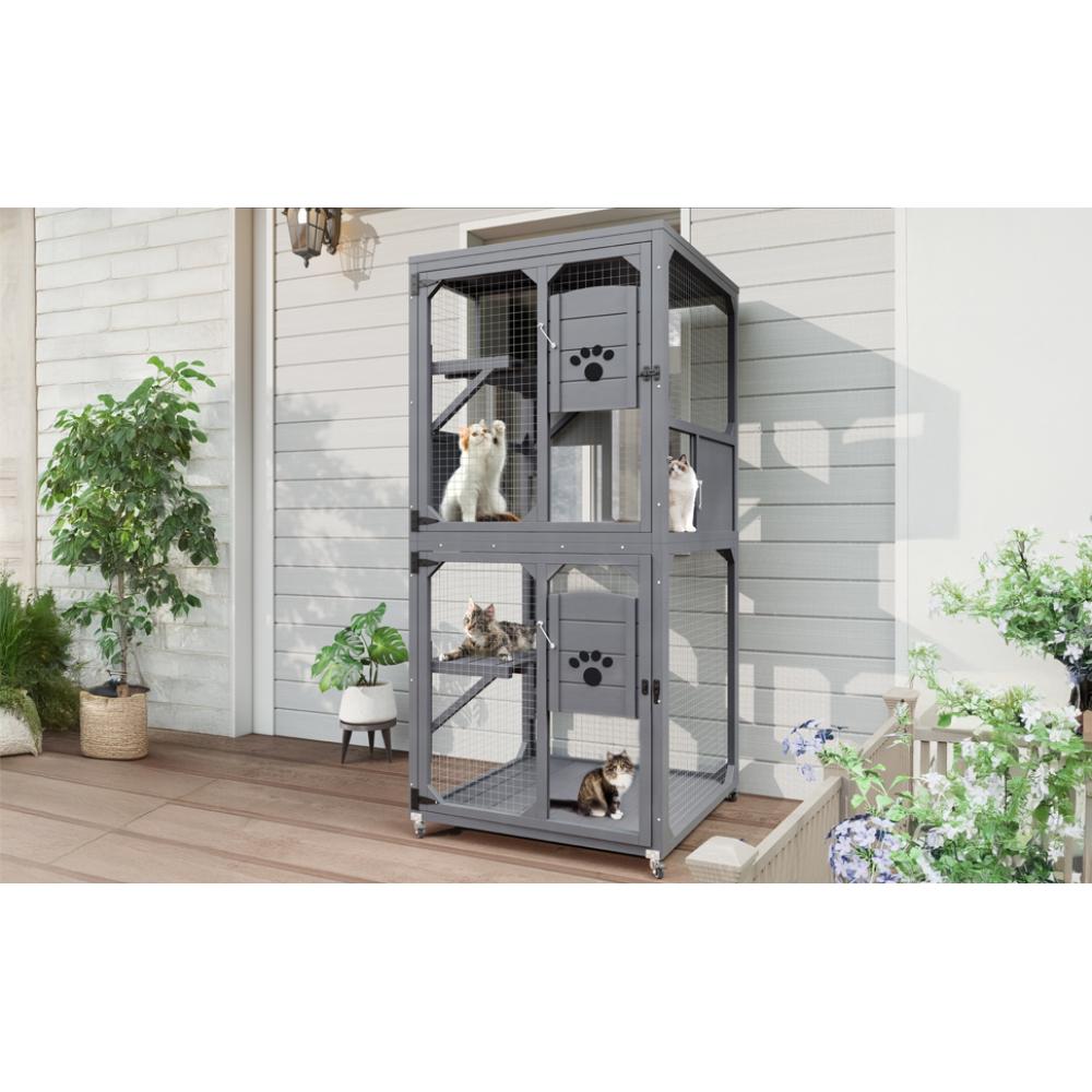 Outdoor  Enclosure Window Access, 4 Tiers  House with Wheels, Resting Box & Waterproof Roof, Indoor Large  House Cage cat catio Breathable Elevated Cooling Dog Bed