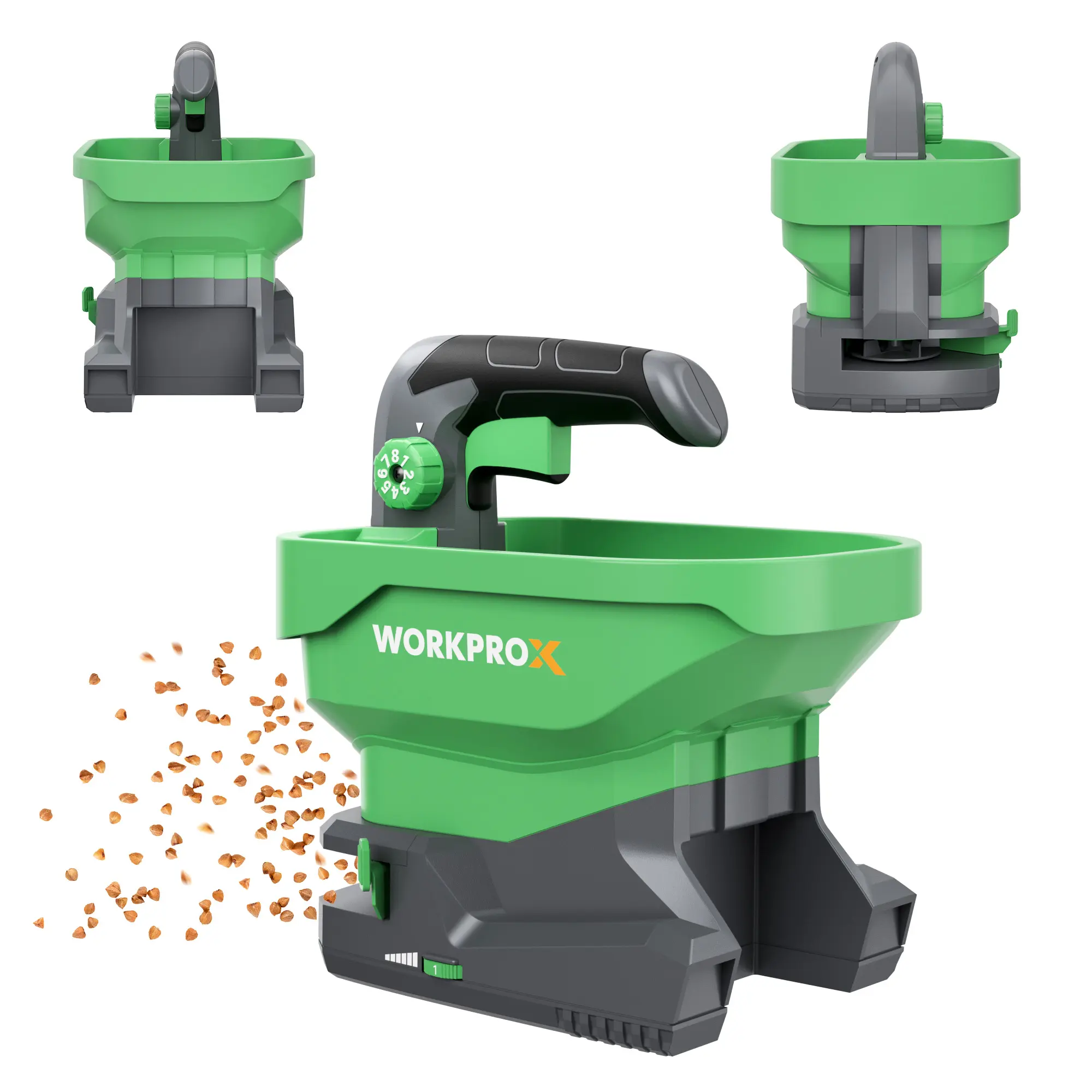 #BacktoSchool WORKPROX Battery Powered Fertilizer Spreader, 7.2V Seed Spreader for Salt, De-Icer, Earth Food, Rechargeable Grass Seed Spreader with 8-Level Settings and Holds up to 6458 sq.ft. of Product