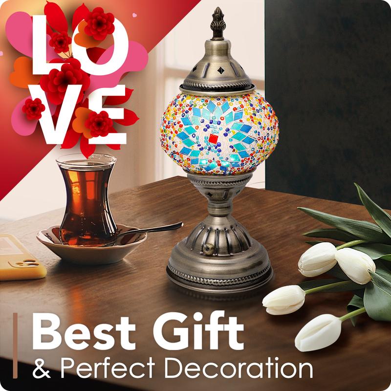 Yarra-Decor Turkish Moroccan Lamp with Bronze Base Handmade Tiffany Mosaic Glass Portable Bedside Lamp Rechargeable 2000mAh LED Bulb Blue1 Illuminated Lantern Modern Design Ideal Gift Christmas gifts Adjustable Brightness Lights Valentine's Day gifts