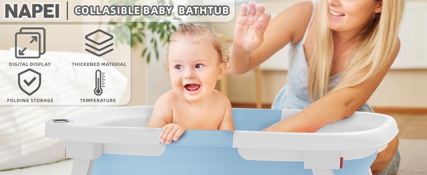 Collapsible Baby Bathtub with Real-time Temp Monitor + Floating Cushion, Foldable Baby Bath Tub Set - Perfect Portable Travel Baby Tub Cute Care Collapsible Baby Bathtub with Real-time Temp Monitor + Floating Cushion, Foldable Baby Bath Tub Set - Perfect Portable Travel Baby Tub Cute Care