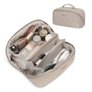 HYNES EAGLE Women's Nylon Waterproof Travel Makeup Bag, Large-Capacity Toiletry Organizer with Top Single Handle Strap, 180° Lay-Flat Opening and 5-Room Quilted Partition,summervibes