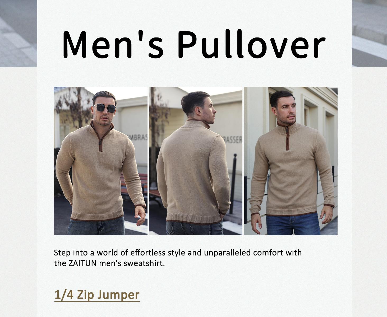 Zaitun Autumn Winter Men's Quarter Zip Sweater Slim Fit Lightweight High Neck Pullover Casual Boston Wool Classic Polyester Long Sleeve Mens Shirt Elegant Knitted Collar Sweater Navy Blue