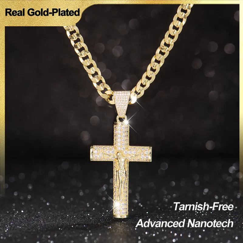 Holylegend 14k Real Gold-Plated Cross Cuban Figaro Necklace,Gold-Plated Cuban , Figaro, Miami Cross with Jesus Christ Crucifix,24 inches Long and 6mm Wide,Handcrafted Polishing and Multiple Electroplating Daily Wear Necklace,Father's Day Gift