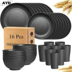 16pcs Wheat Straw Large Size Dinnerware Set, Service For 8/4, Kitchen Accessories, Unbreakable Modern Dish Set-Plate/Dessert Plate/Bowl/Cup, Dishwasher And Microwave Safe,  Perfect Camping And Everyday Use, Gifts For Men Colour: 16 Black