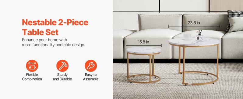 Nesting Coffee Table Set of 2, 23.6-Inch Round Coffee Tables for Small Spaces, Space-Saving Nesting Tables with Metal Frame, Vintage End Tables and Nightstand, Side Tables for Living Room, Bedroom and Office, White and Gold Finish