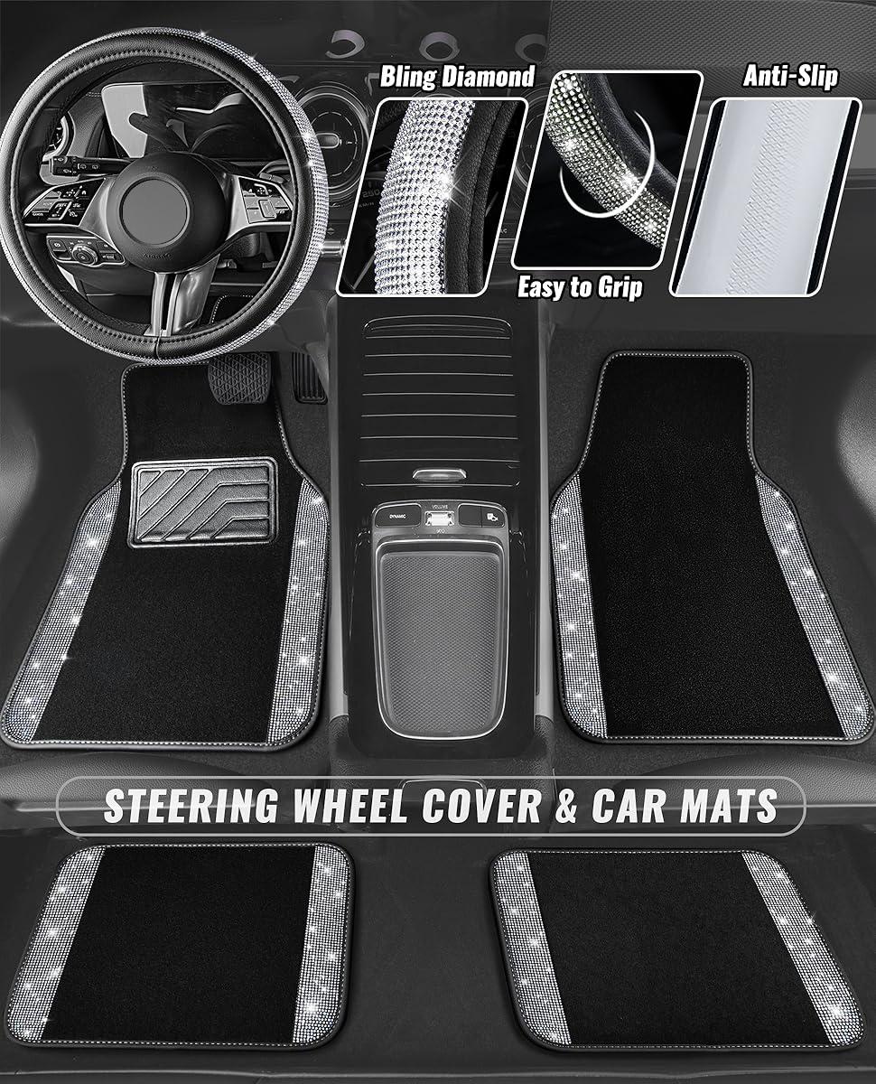 CAR PASS Bling Diamond Leather Steering Wheel Cover 14.5in-15in Floor Mats Shining Rhinestone Carpet Sparkly Glitter Crystal Anti-Slip Pad Fit Automotive SUV Pickup Truck Girl Women, 5pcs Black Sliver