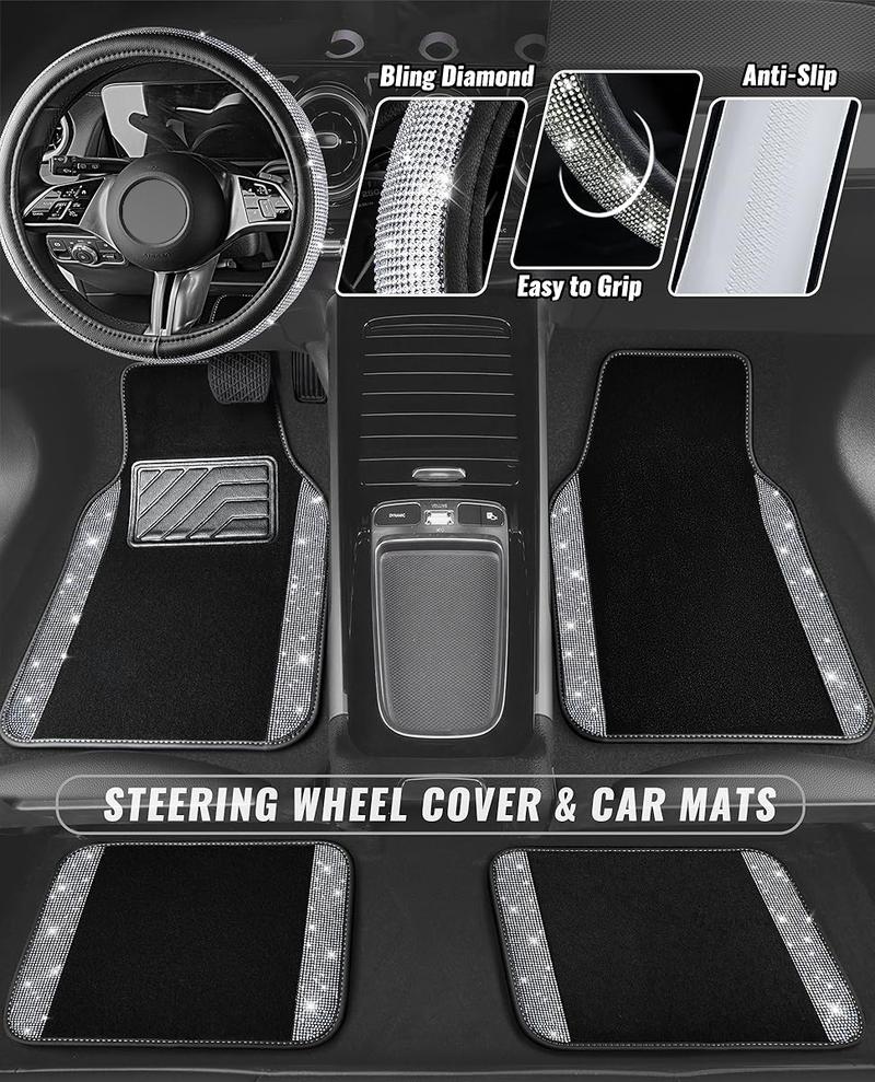 CAR PASS Bling Diamond Car Floor Mats,Shining Rhinestone Carpet Sparkly Glitter Anti-Slip Waterproof Universal Fit SUV,Sedan,Van,Cute Girl Women,4pcs