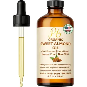 Organic Sweet Almond Oil, 4 fl oz – 100% Pure Almond Oil Cold Pressed Carrier Oil for Essential Oils – Unrefined Hexane Free Moisturizer for Hair, Skin, Face & Body – Glass Bottle