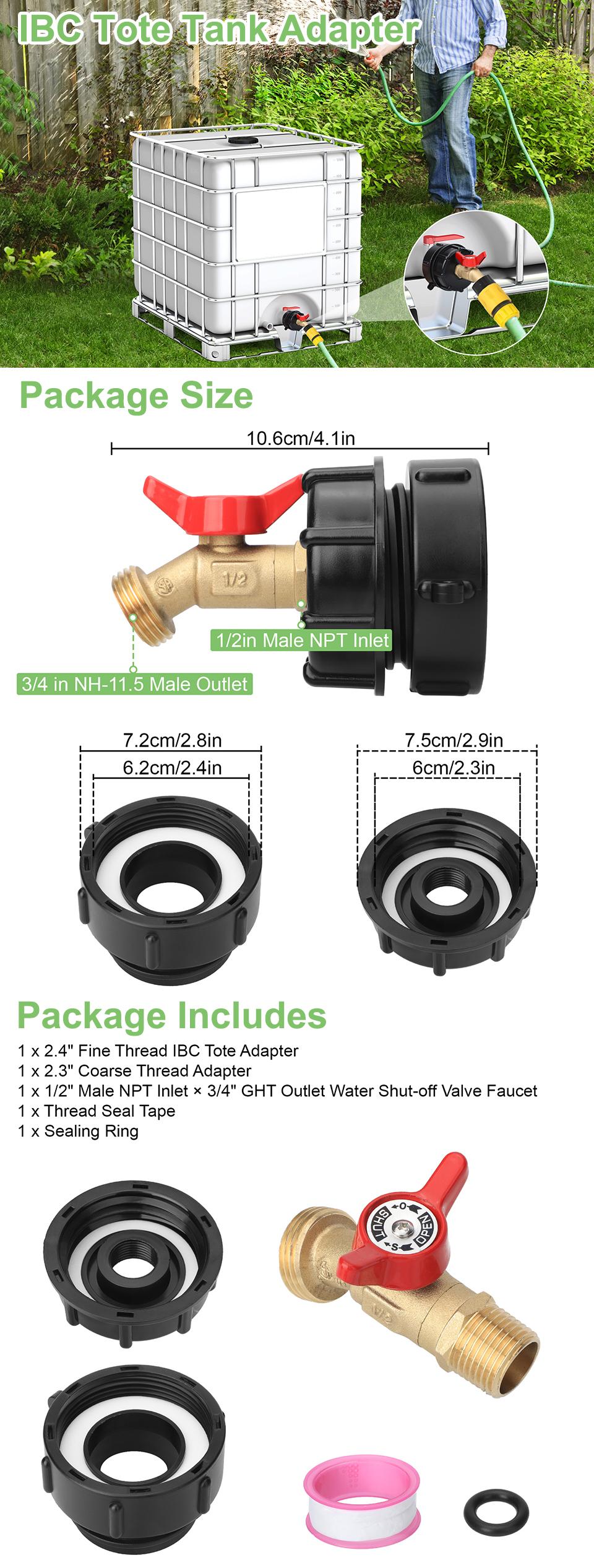 275-330 Gallon IBC Tote Tank Adapter - 2.44" Fine Thread Adapter,Fittings 1/2" Male NPT Inlet ×3/4" Male GHT Threaded,Garden Hose Quick Connector,for Water Tanks