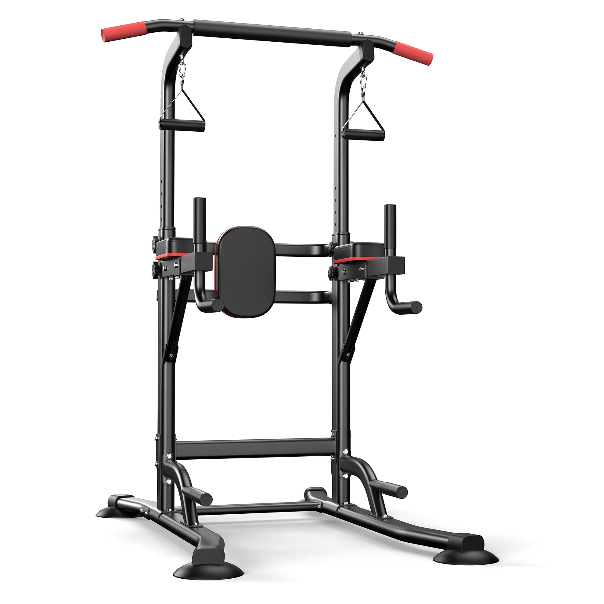 TENBOOM Power Tower Pull Up Station - 350 lbs Capacity, 8-Level Height Adjustable 57-85in, Suction Cups & H-Shaped Anti-Rollover Base, Ergonomic Backrest, Multi-Function Home Gym Equipment for Whole Body Workout