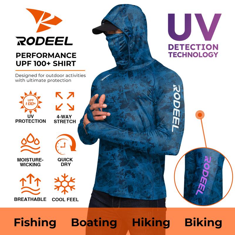 【RODEEL】934 RIIIPO Sun Hoodie Shirts w/ UV Detection Mask Neck Gaiter Thumbhole Men UPF 100+ Sun Protection Long Sleeve Lightweight Quick Dry Moisture Wicking Breathable Cooling Athletic Activewear for Outdoor Sports Fishing Construction, Holiday Gift
