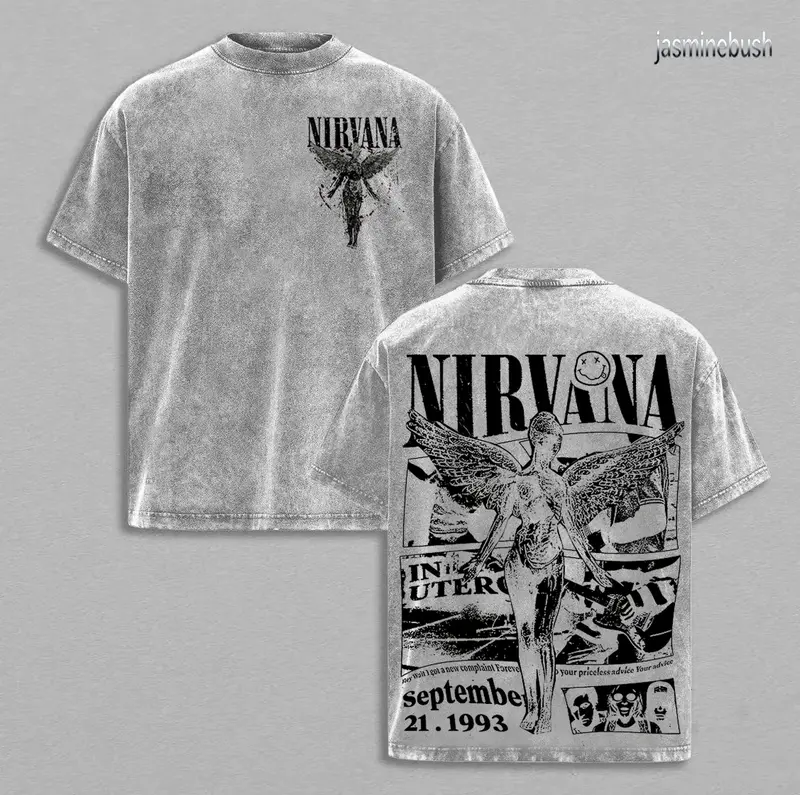 Nirvana in Utero rock band washed t-shirt - 100% Cotton, Crew Neck, Short Sleeve, Fitted, Casual Summer Tee for Men & Women