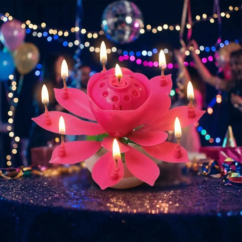1-Piece Colorful Multicoloured Decorative Cake Candle, Floral Plastic Patchwork, Rotatable Automatic Blooming Birthday Cake Decoration, Festive Party Supplies with Happy Birthday Song