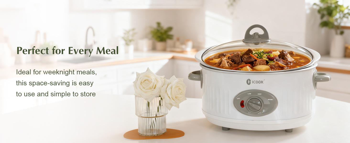 3.5 Quart Slow Cooker with 3 Heat Settings Non-Stick Ceramic Pot Tempered Glass Lid Dishwasher Safe Ivory White for Entrees Soups Stews Ricecooker Pressurecooker
