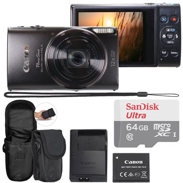 Canon PowerShot ELPH 360 HS Digital Camera (Black) with Button-Controlled Lens, 3 In-1 Mobile Device Bundle + SanDisk Ultra 64GB microSDXC Memory Card + Compact Protective Carrying Case