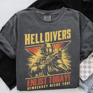 Comfort Colors, Helldivers 2 Enlistment Tee - Join The Fight For Democracy, Exclusive Sci-fi Soldier Shirt, Ps5 & Pc Gamer Gear Tshirt Top Menswear Cotton Crewneck