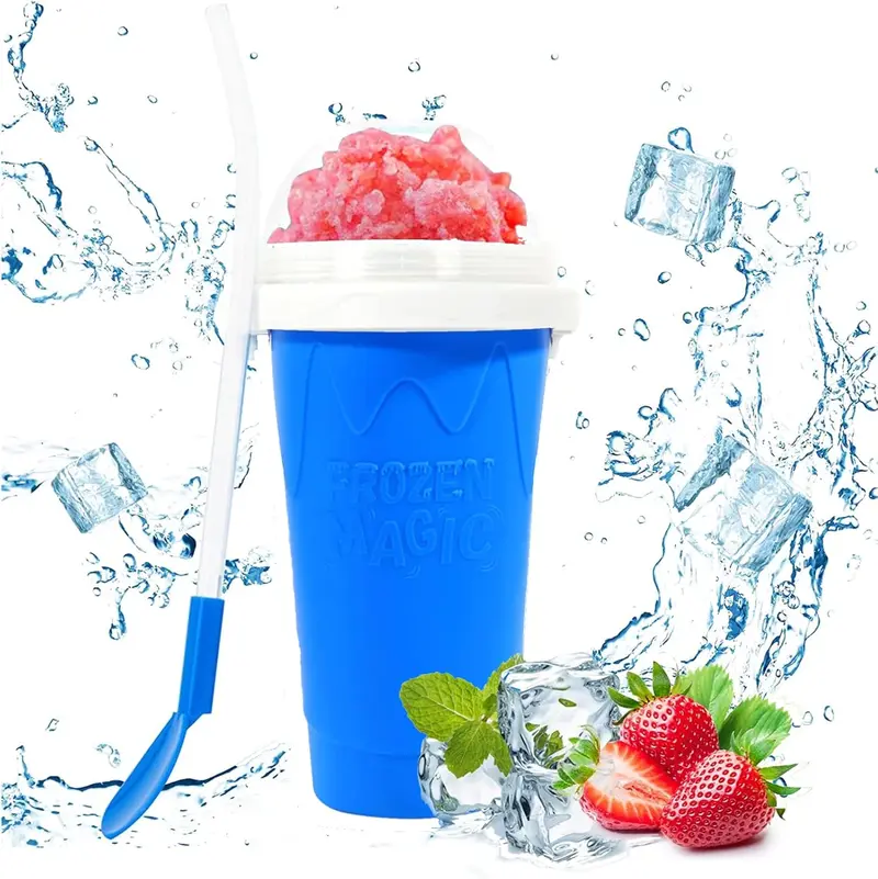 AIT Corp Slushy Maker,Frozen Magic Cup, Double Layers Silica Smoothie Pinch Ice Cooling Homemade Milk Shake Ice Cream ,blue Kitchen Silicone Spoon Utensils Mug