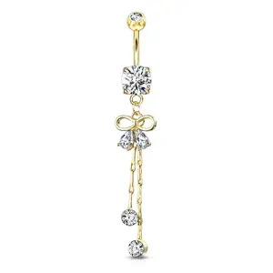 Crystal Bow Ribbon Dangling Chain Belly Button Ring - Stainless Steel
