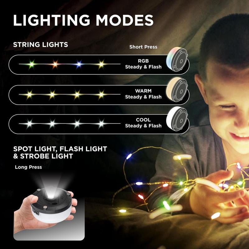 32' Holiday String Lights - Retractable USB-C Rechargeable , 80 LED Color-Changing, Magnetic Base, Flashlight, Built-in Hook, IP65 Water-Resistant for Camping, Indoor & Outdoor Use