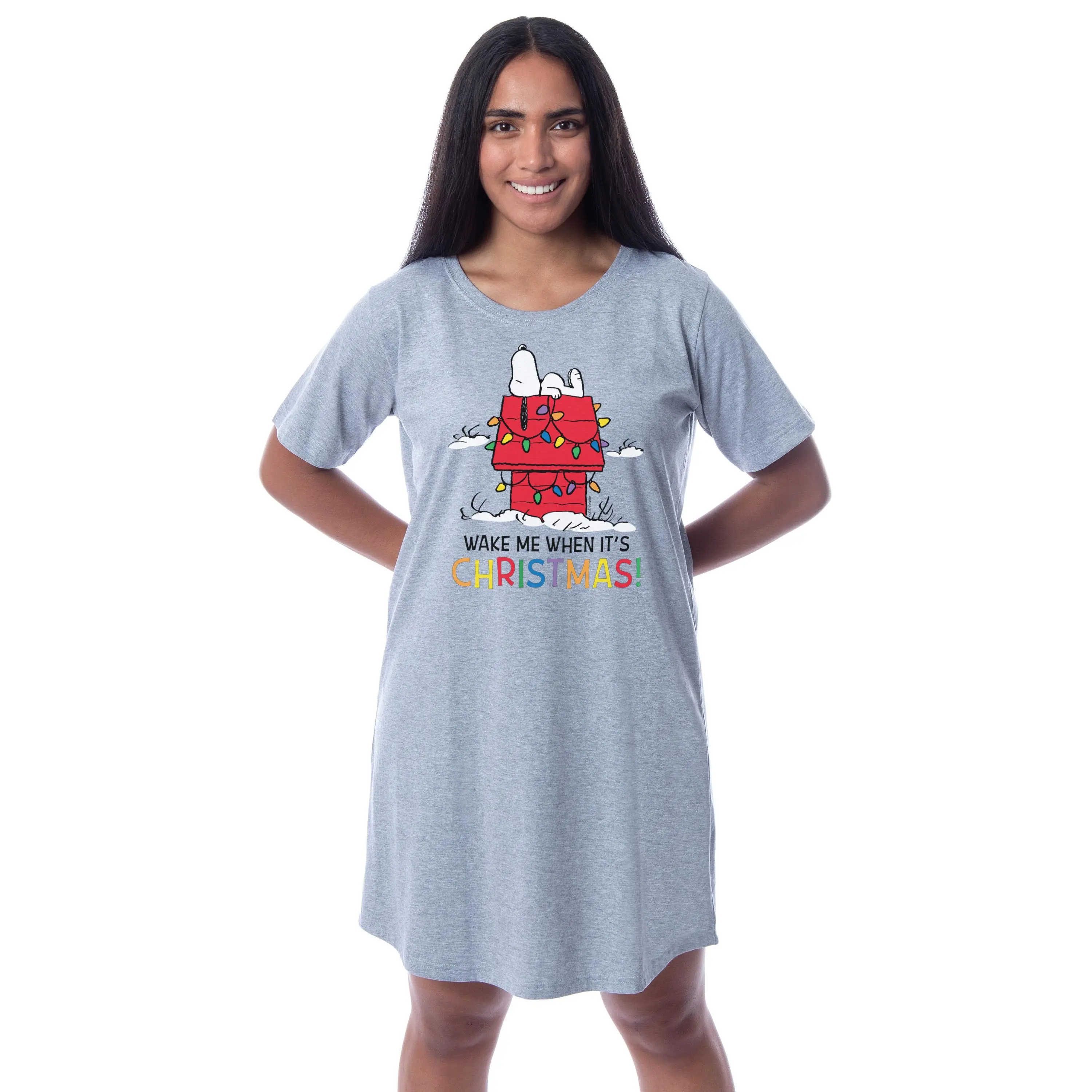 Peanuts Womens' Snoopy Wake Me When It's Christmas  Doghouse Lights Nightgown Sleep Pajama Shirt