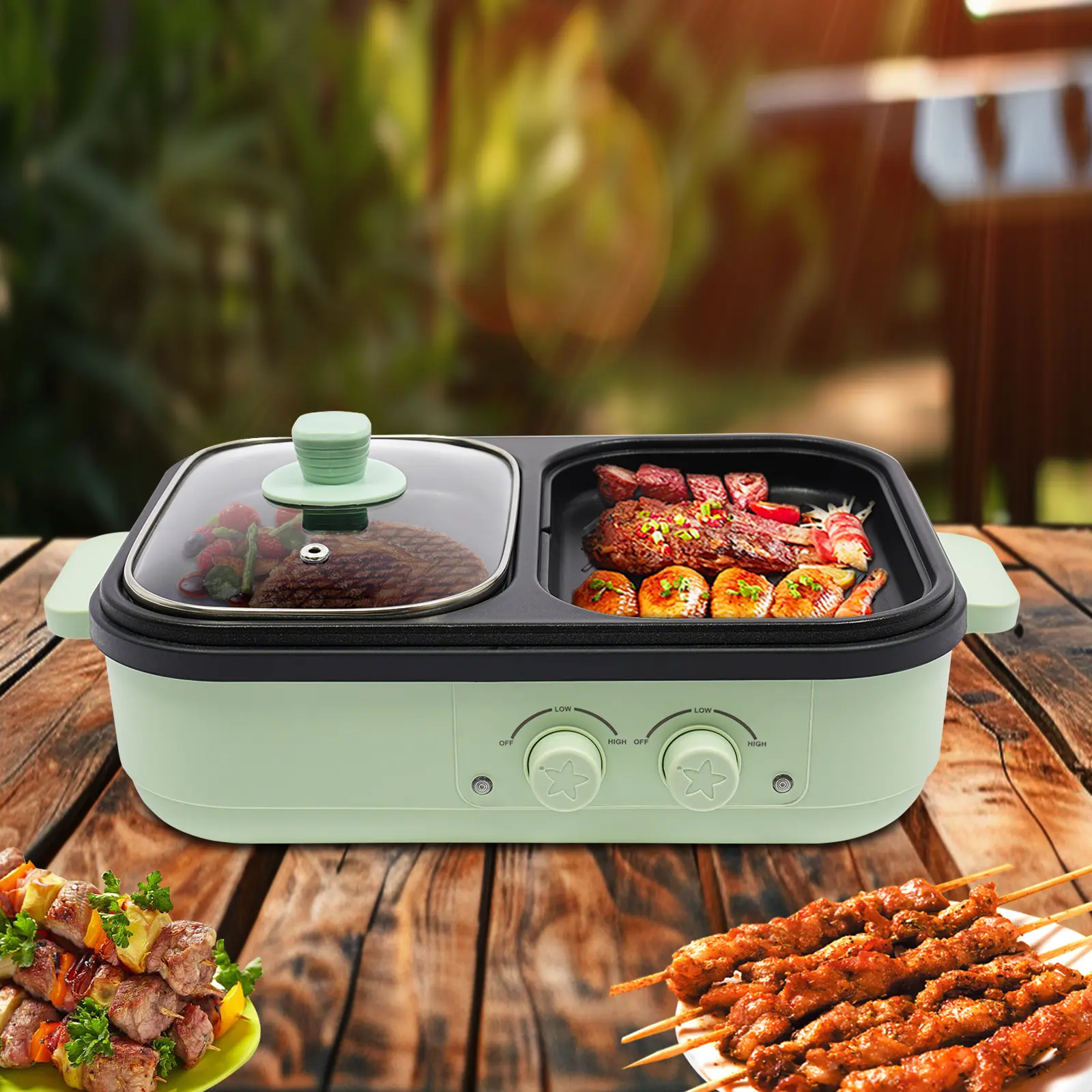 CNCEST 2-in-1 Multifunctional Cooker Steamboat Pan - 1300W Corded Electric Hot Pot with Grill, Dual Heating Zones, Independent Controls, Food-Grade Aluminum Alloy, Non-Stick Coating, Modern Compact Portable Family Kitchen Appliance (US Plug), Independent,