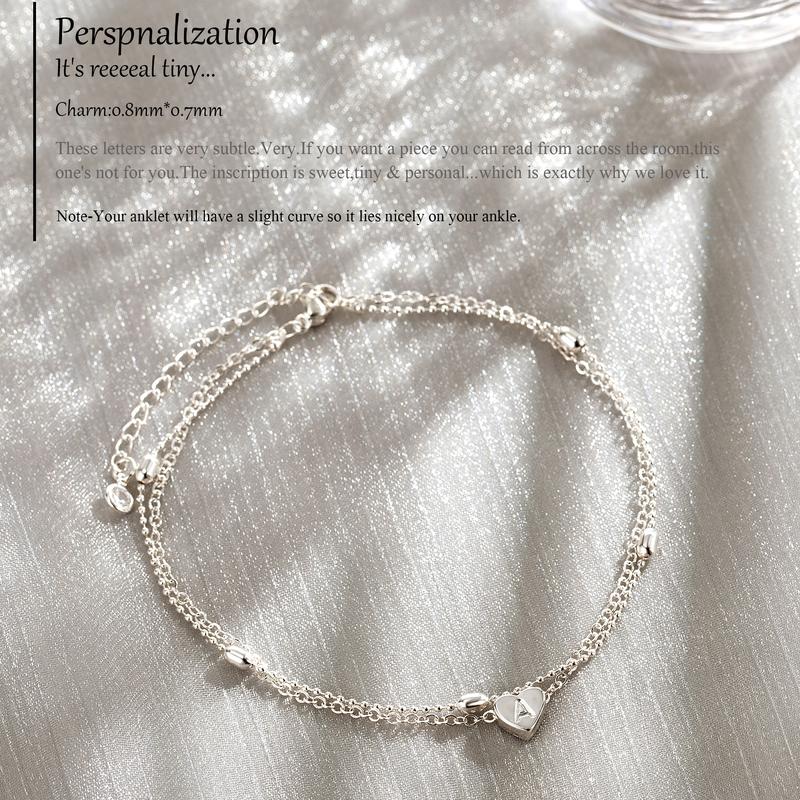 TEWIKY Silver-Plated Double-Layer Letter Anklet with Beaded Chain & Heart Letter Perfect for Valentine's Day Gift