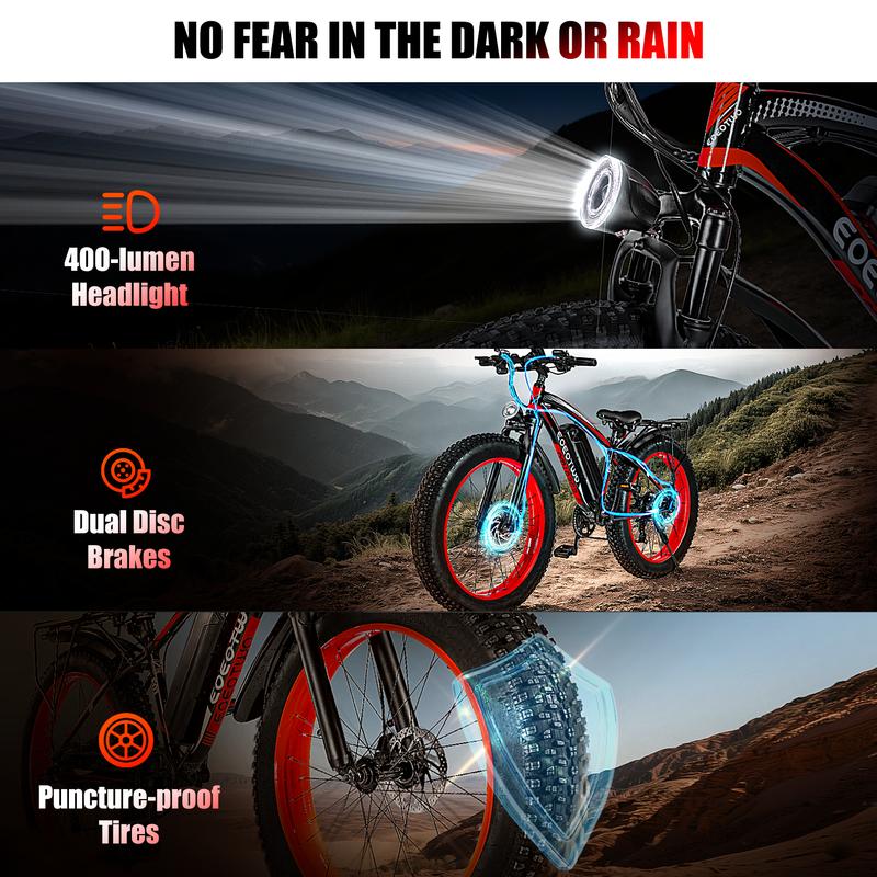 EOEOTWO 1500W Peak Motor Electric Bicycle with Front Suspension 48V 15AH Battery 26"x 4.0 Inch Tires 30+ MPH Speed 70 Miles Range for Snow Mountain Road Riding