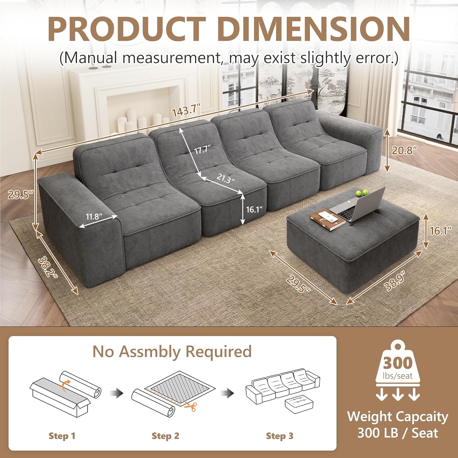 【Black Friday Sales】 Niccae 143.7" Modular Sectional Sofa with Ottoman, Deep Seat Boneless Couch, Modern DIY Sparkling Chenille Chaise & Accent Chair Sofas Couches for Living Room, Apartment,Office (4 Seat + 1 Ottoman) 【Black Friday Sales】 Niccae 143.7" Modular Sectional Sofa with Ottoman, Deep Seat Boneless Couch, Modern DIY Sparkling Chenille Chaise & Accent Chair Sofas Couches for Living Room, Apartment,Office (4 Seat + 1 Ottoman)