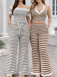 2pcs Chic Women's Off Shoulder/Halter/Cami Neck Lace Top&Pants Striped Set,Summer Stretchy Outfit Casual Set, Wide Leg Pants Casual Fashion Womenswear